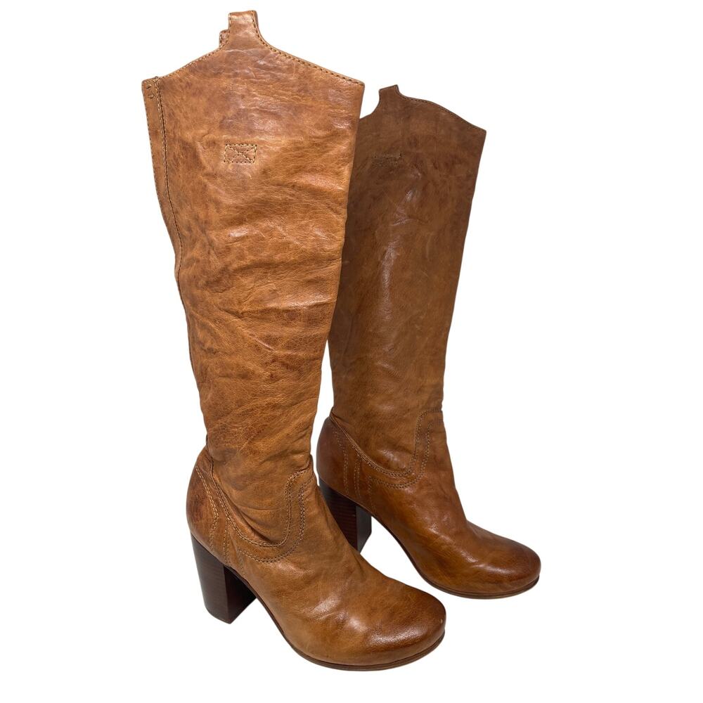 Frye Carson Tab Tall Rustic Cognac Brown Leather Heeled High Heel Boots womens 9